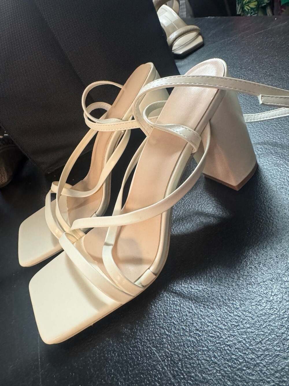 Square Toe Strappy Block Heel Sandals in Off-White